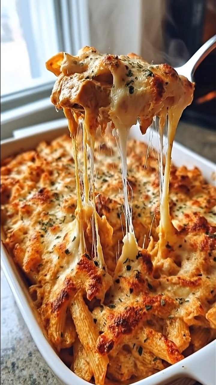 Baked penne pasta with melted cheese being lifted from a white baking dish.