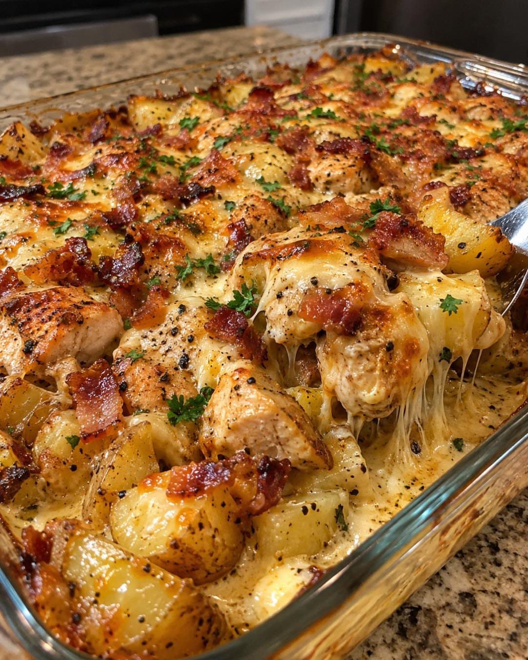 Cheesy chicken and potato casserole with bacon and parsley in a glass dish.