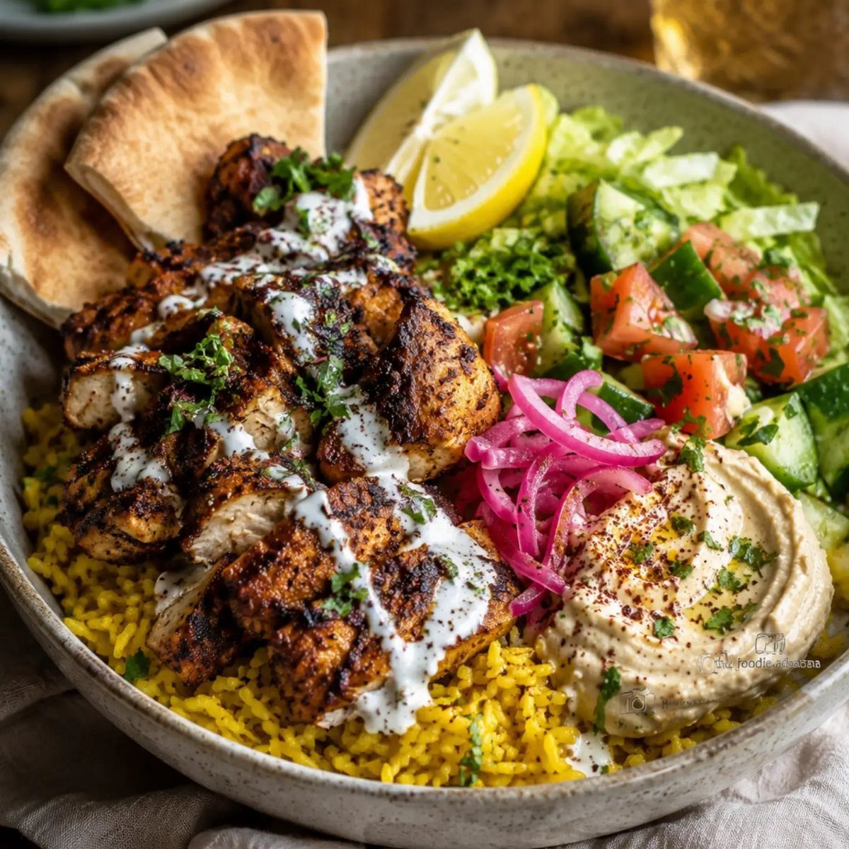 Grilled chicken shawarma bowl with yellow rice, hummus, salad, and pita bread.