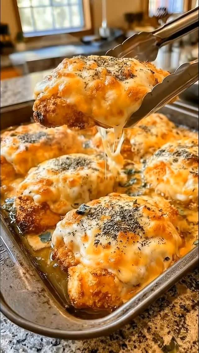 Breaded chicken parmesan with melted cheese and herbs being lifted by metal tongs.