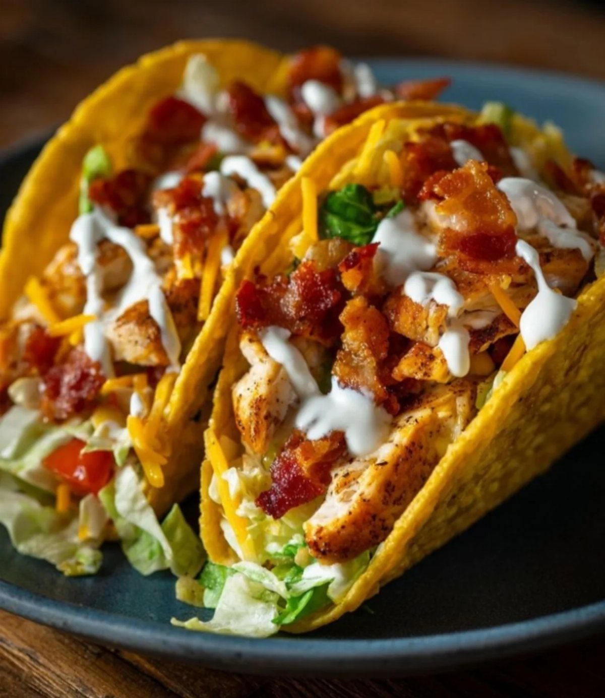 Two chicken tacos with bacon and cream sauce on a dark blue plate.