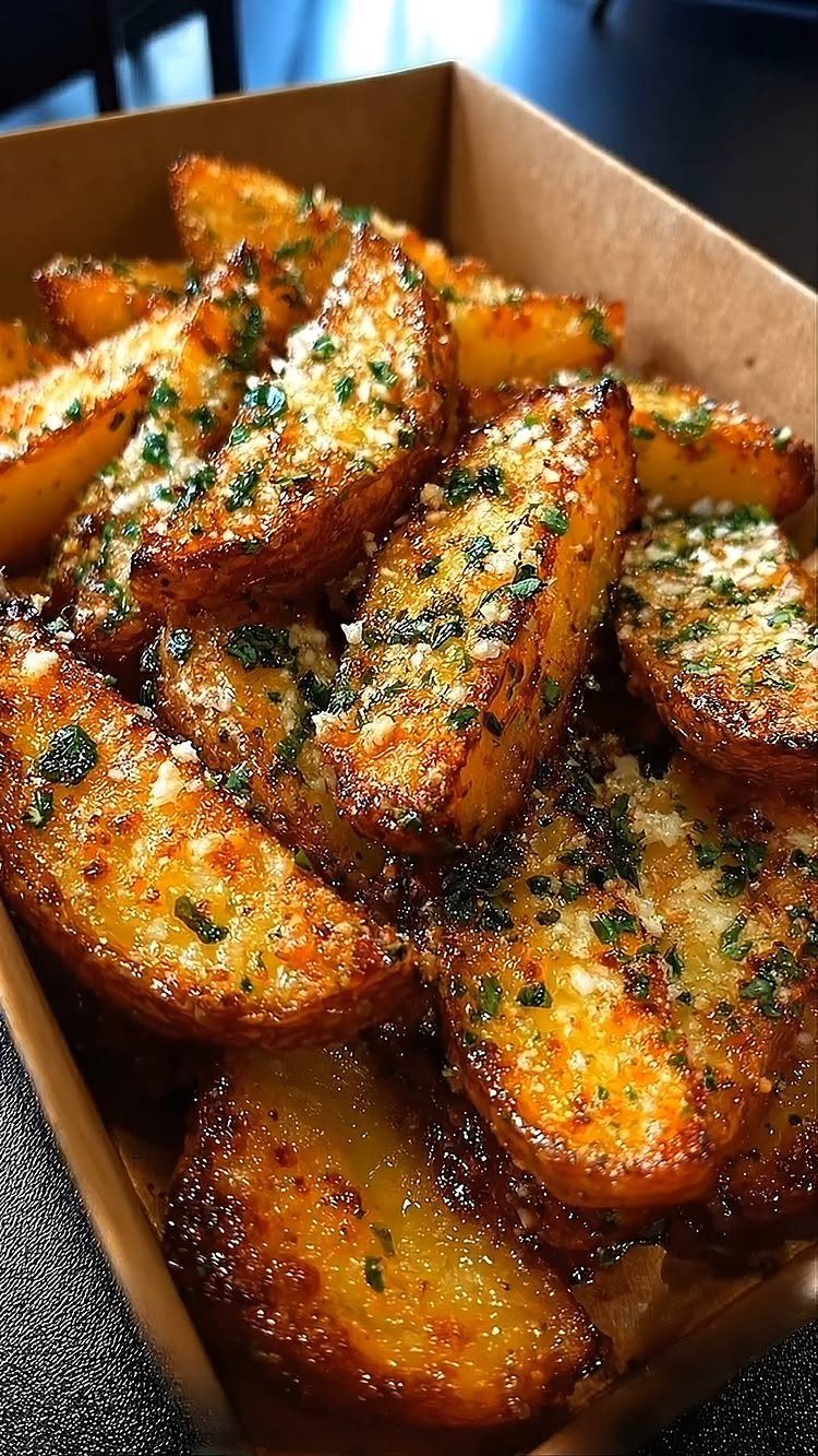 Roasted potato wedges topped with melted parmesan cheese and fresh green herbs.