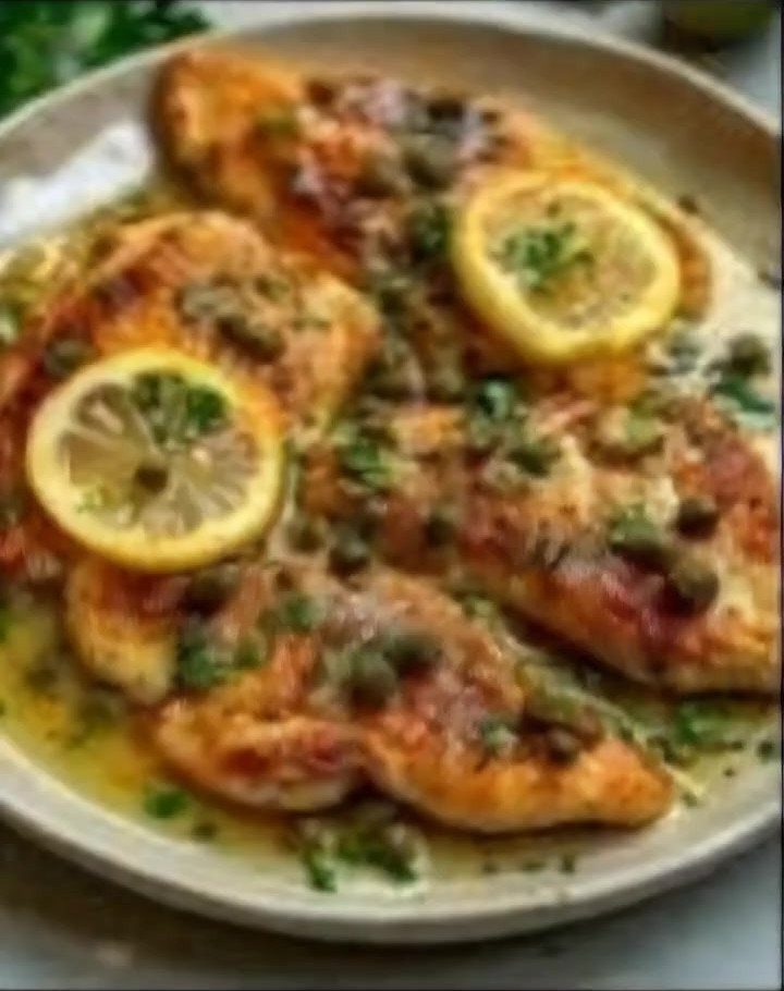 Pan-seared chicken breasts with lemon slices and capers in a buttery sauce.