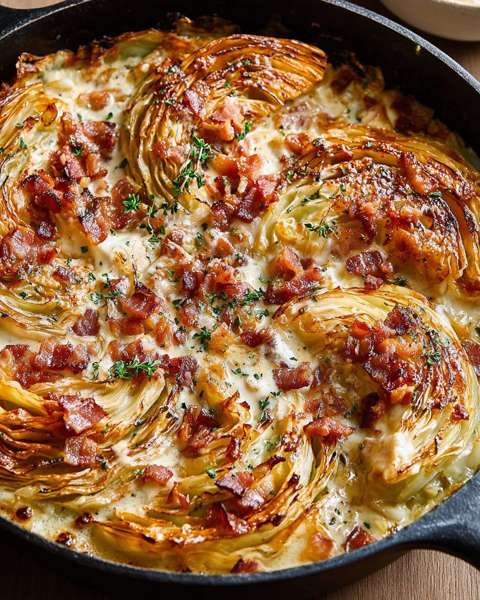 Baked cabbage gratin with melted cheese and bacon in a cast iron skillet.