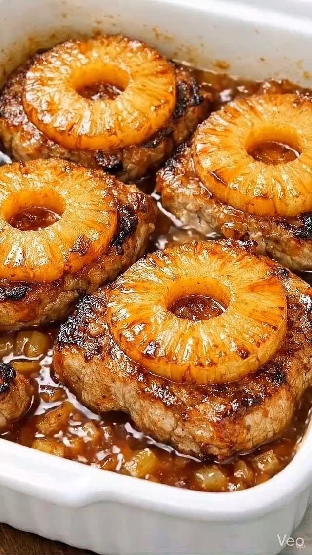 Pork chops topped with grilled pineapple rings in a white baking dish