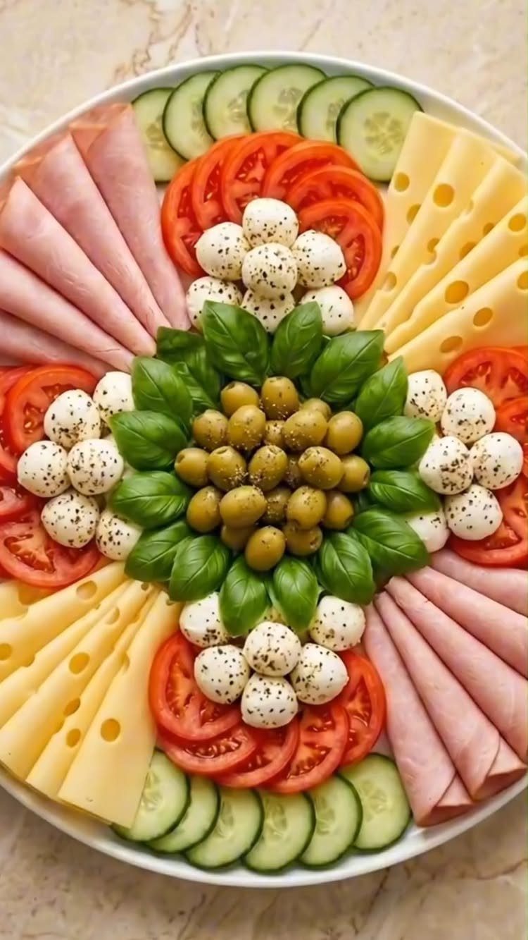 Charcuterie board with ham, Swiss cheese, mozzarella, olives, tomatoes, and cucumbers on a platter.