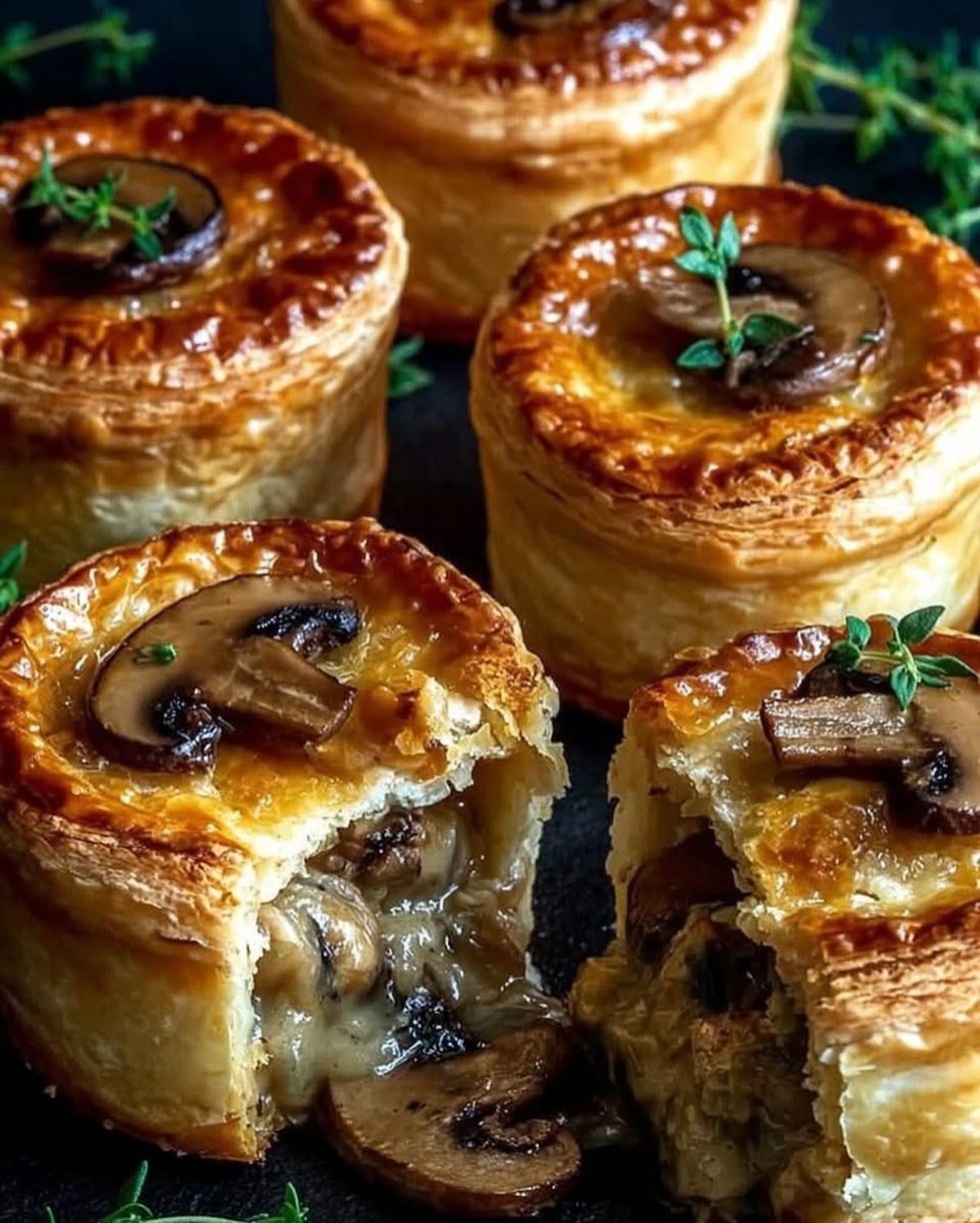 Golden-brown puff pastry bites filled with melted cheese and topped with sliced mushrooms.