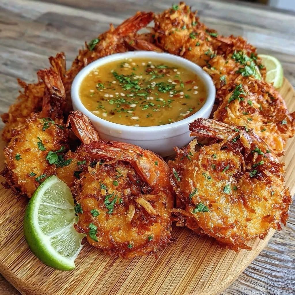 Coconut shrimp arranged around a dipping sauce bowl on a wooden serving board.