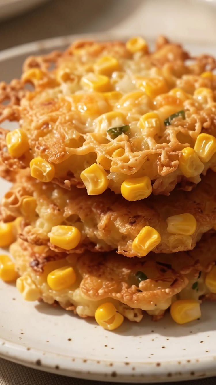 Stacked golden-brown corn fritters with visible corn kernels on a white speckled plate.