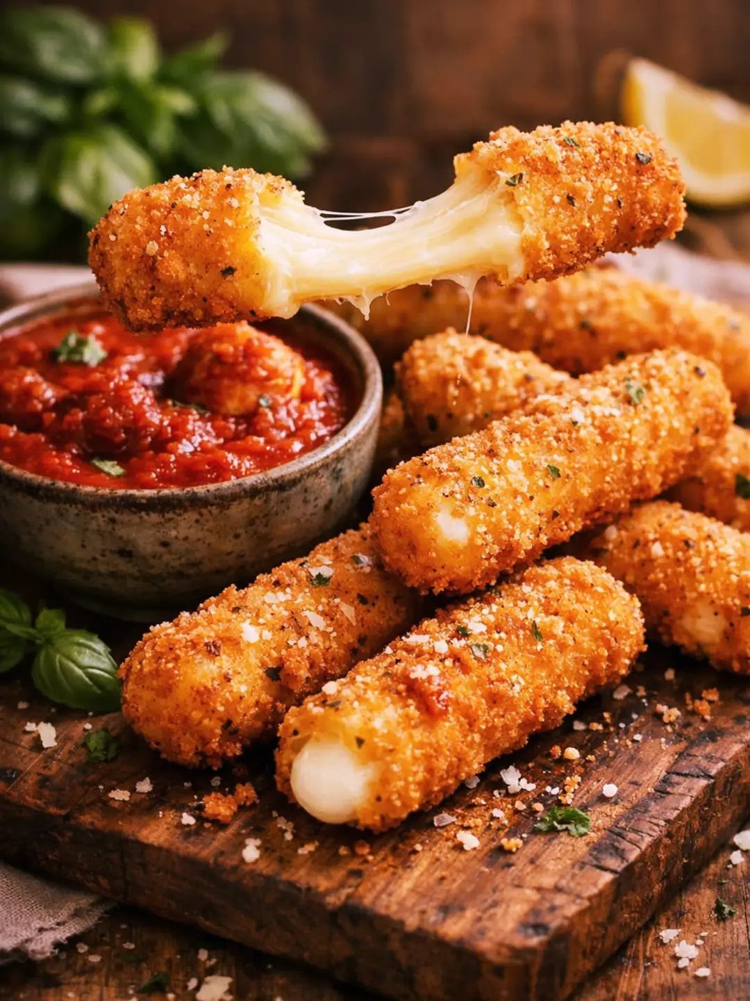 Breaded mozzarella sticks with melted cheese and a bowl of marinara sauce.