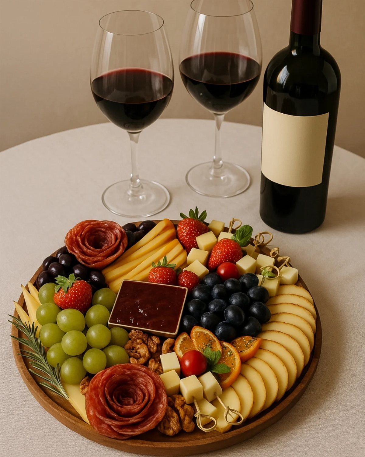 Fruit and cheese platter with red wine glasses and a bottle on a table