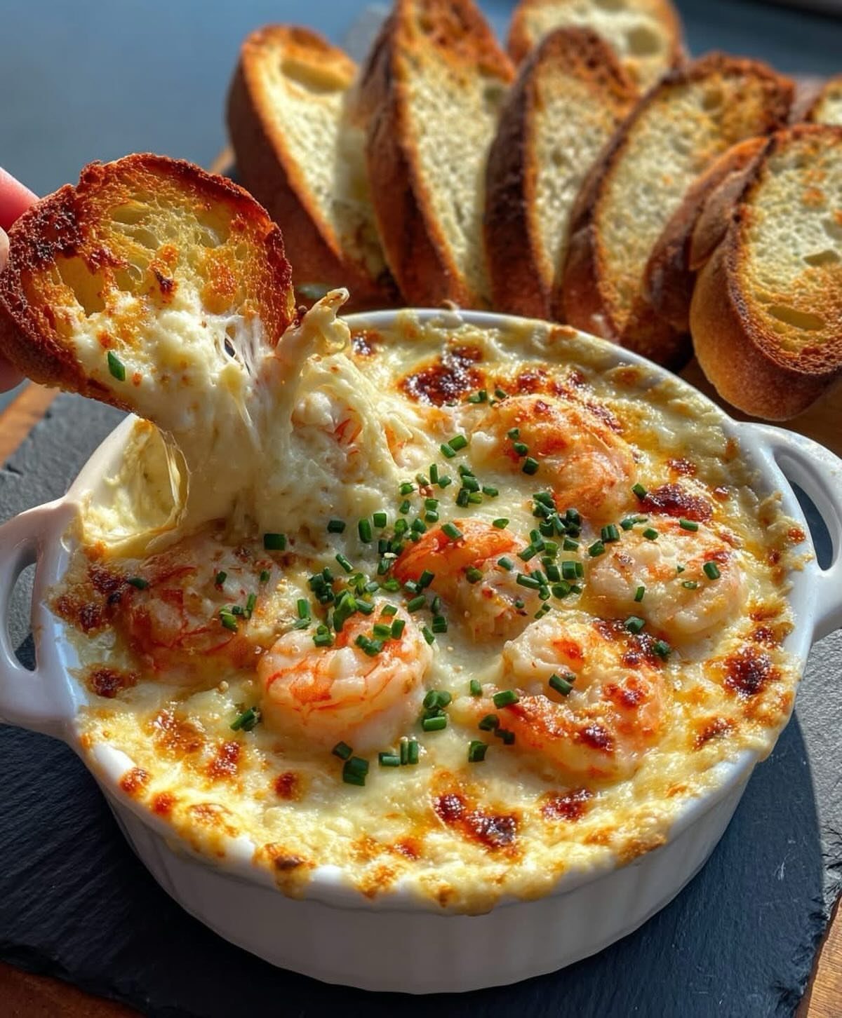 Shrimp and cheese dip in a white dish with toasted baguette slices.