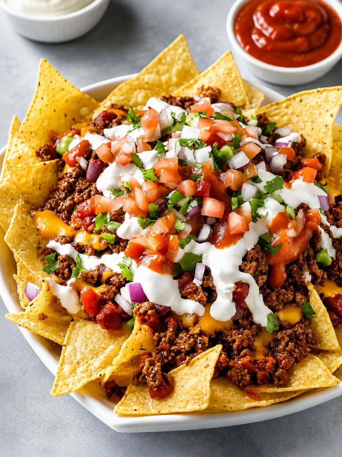 Loaded nachos with ground beef, melted cheese, sour cream, and fresh pico de gallo.