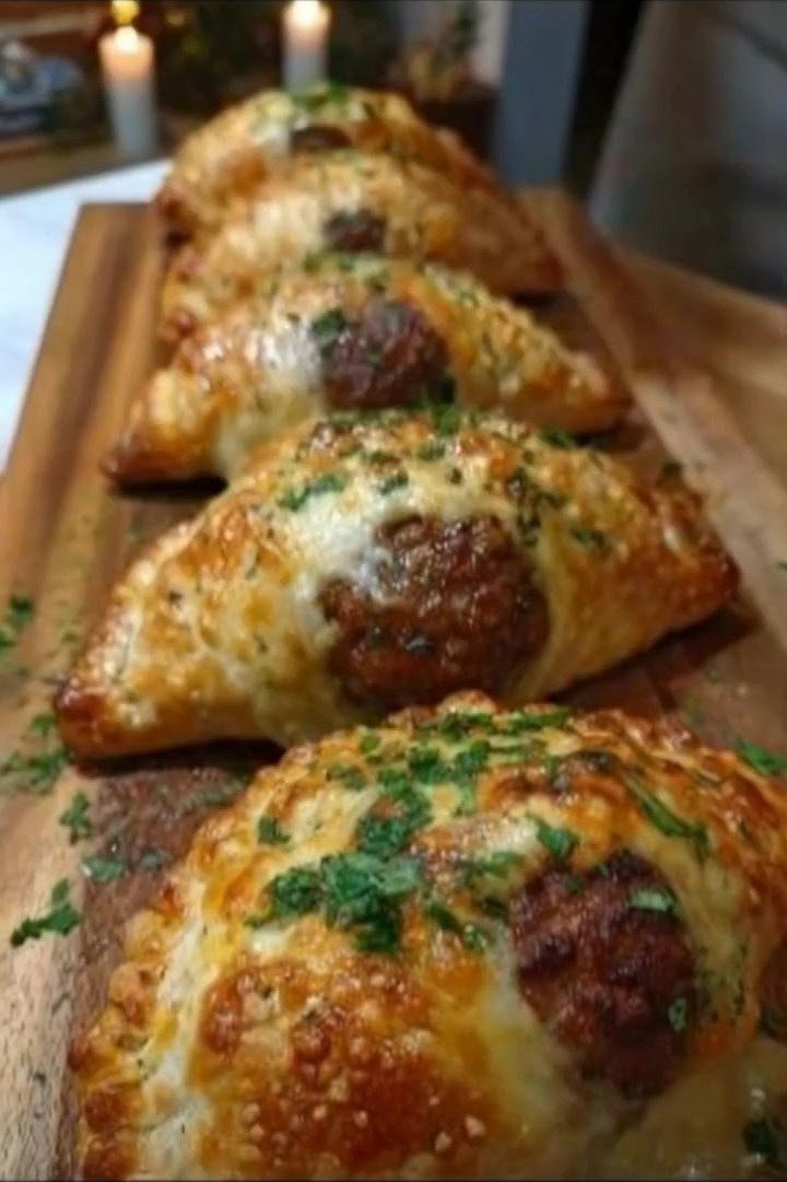 Golden-brown pastry turnovers with melted cheese and herbs on a wooden board.