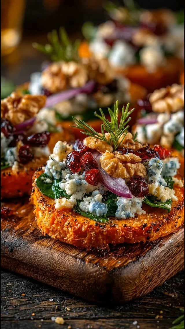 Roasted sweet potato rounds topped with blue cheese, walnuts, and dried cranberries.