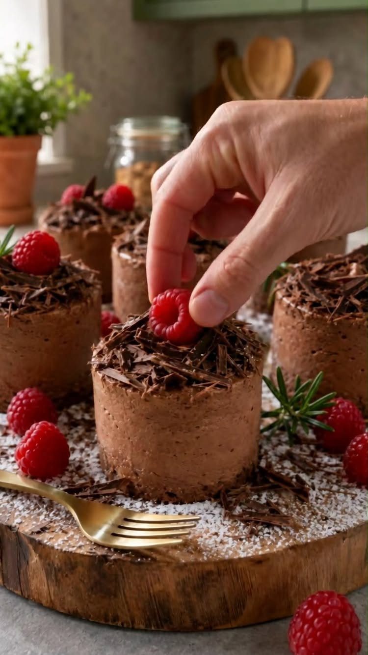 Chocolate mousse desserts topped with raspberries and chocolate shavings on a wooden platter.