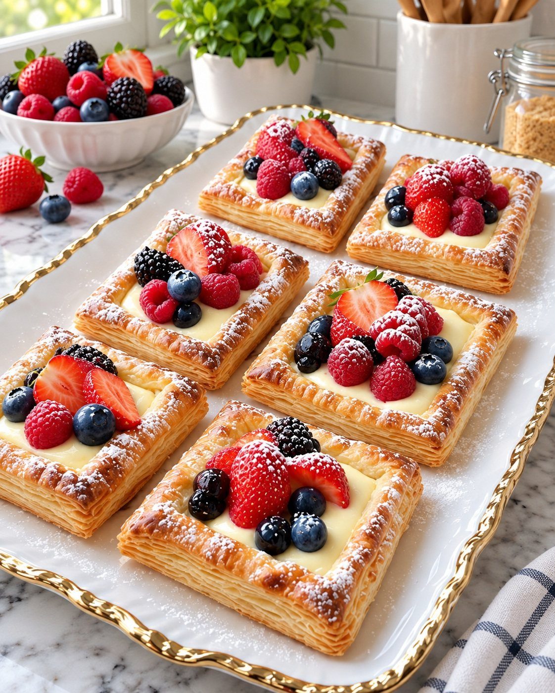Square puff pastry fruit tarts with custard and fresh berries on a gold platter.