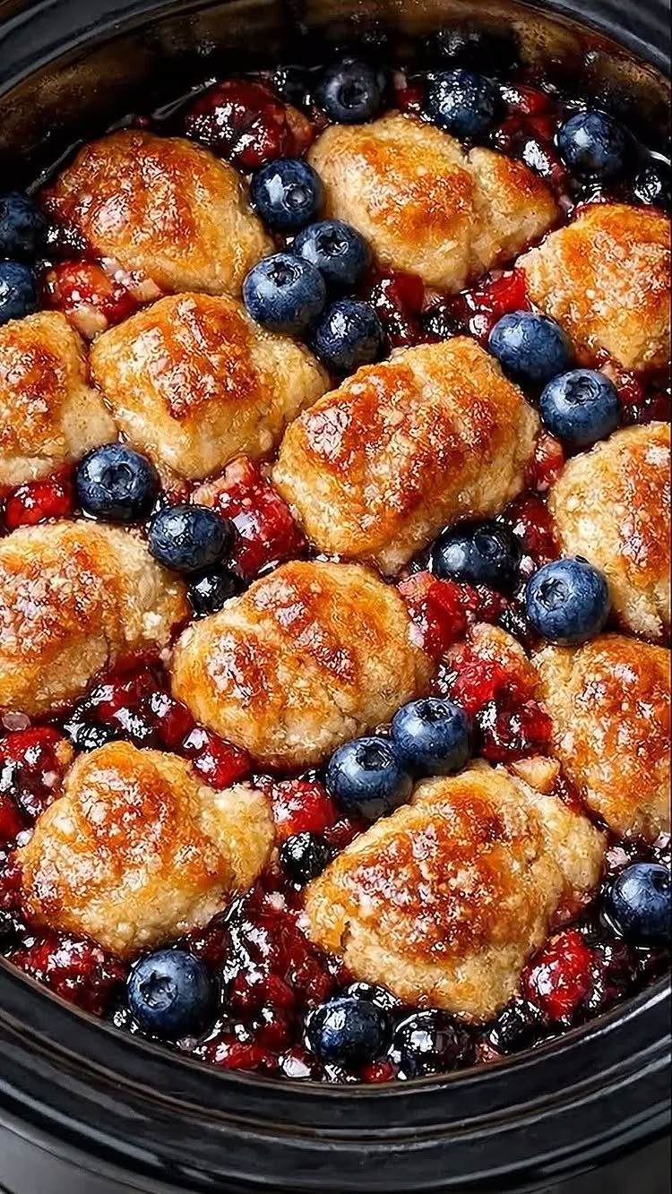 Mixed berry cobbler with golden biscuit topping in a black slow cooker pot.
