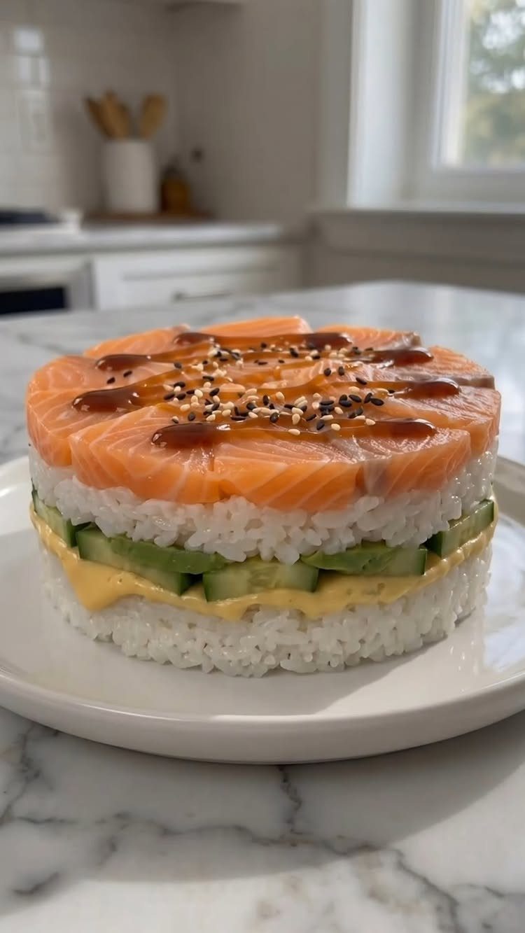 Layered sushi cake with salmon, rice, and cucumber on a white plate.
