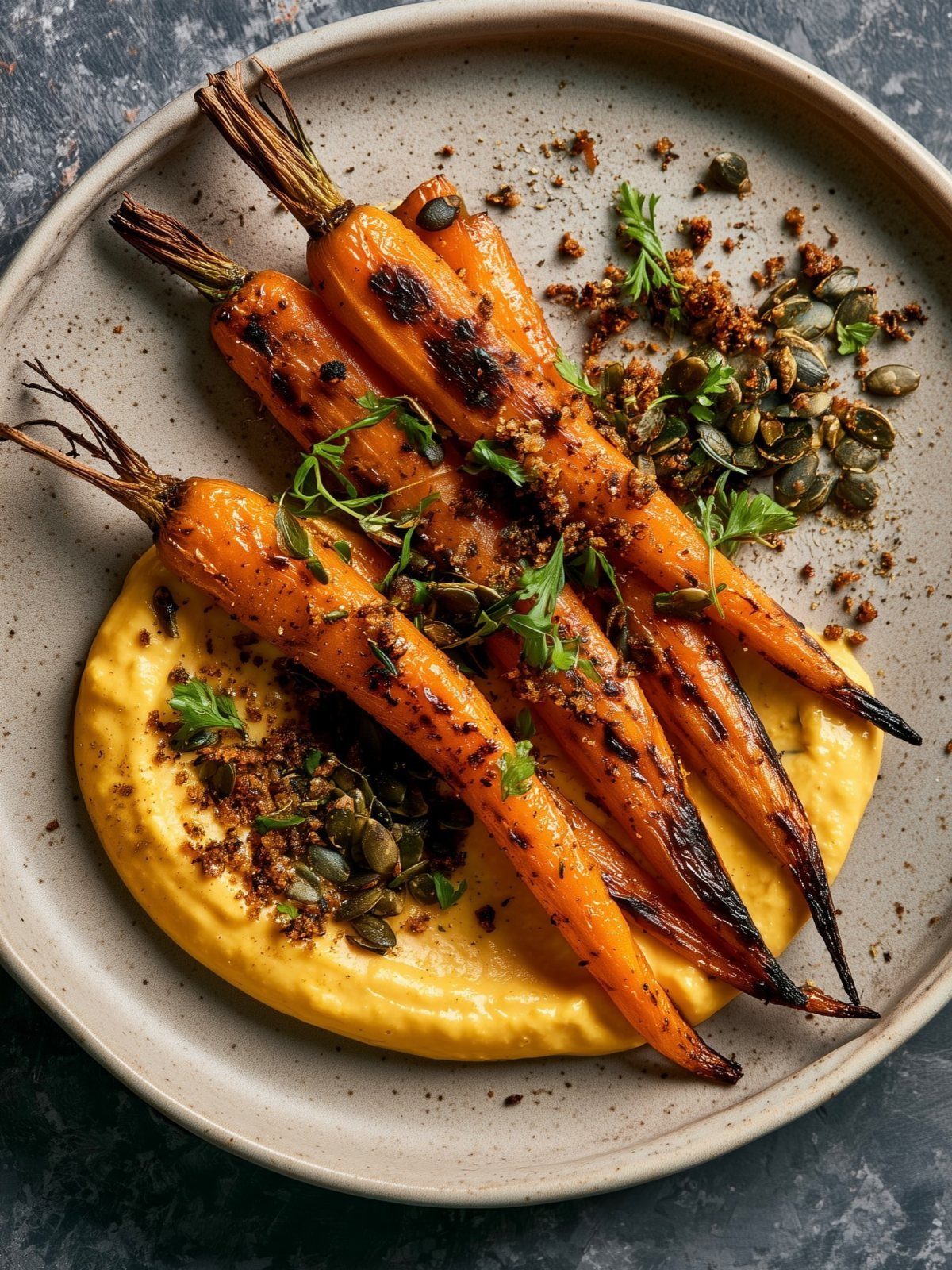 Roasted charred carrots on a yellow puree garnished with seeds and fresh herbs.
