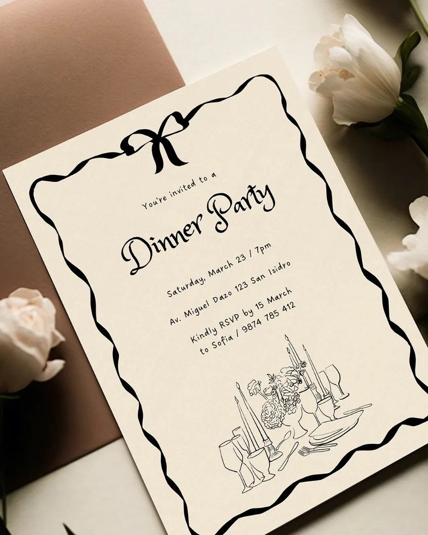 Dinner party invitation card with black border and bow next to white roses.