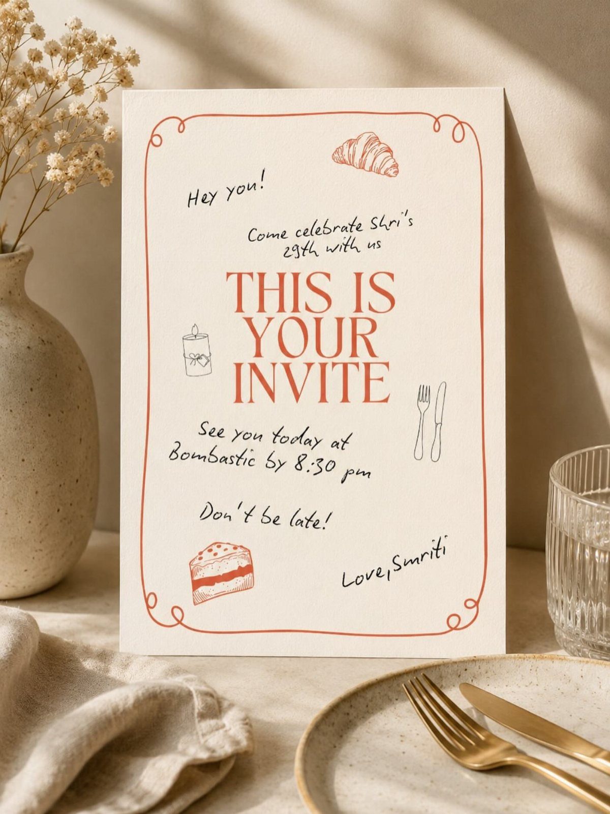 White invitation card with red text and food illustrations on a dining table
