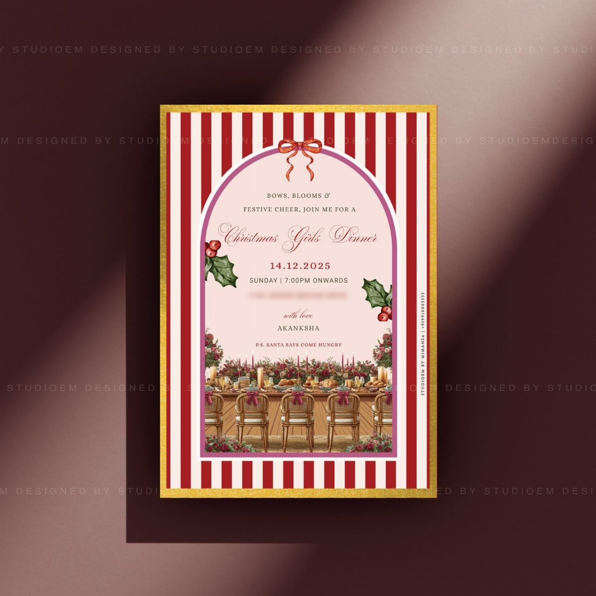 Christmas dinner invitation card with red stripes, gold border, and dinner table illustration.