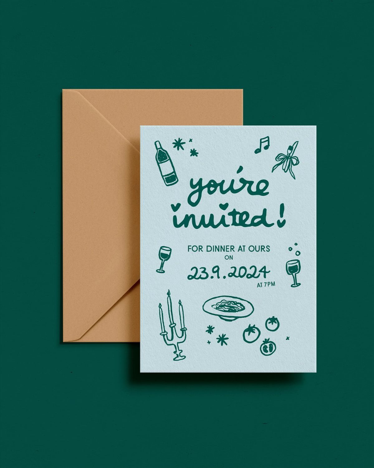 White dinner invitation card with green doodles on a tan envelope and green background.