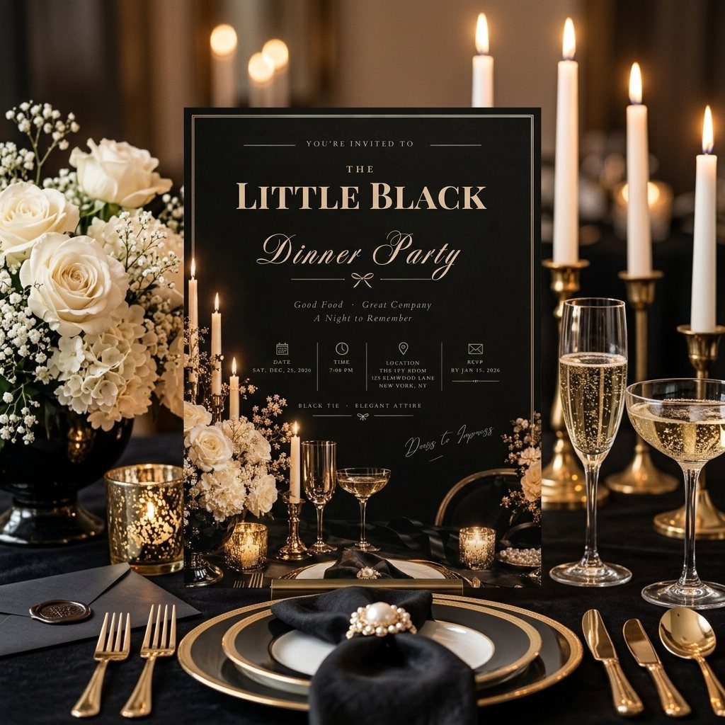 Formal black and gold dinner invitation card on a luxury table setting with candles.