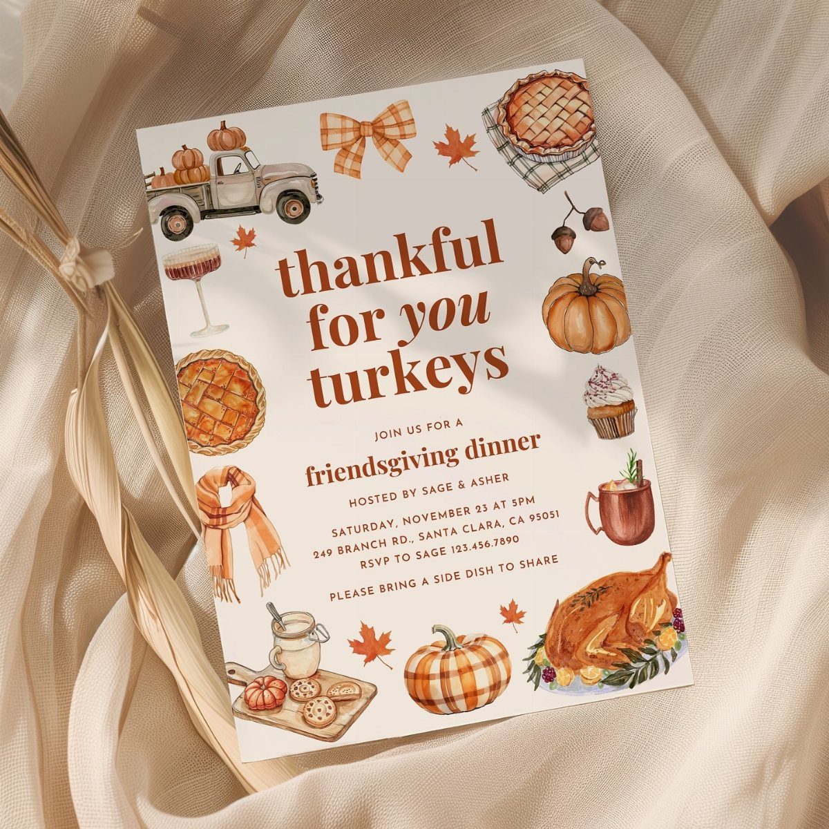 Friendsgiving dinner invitation card with autumn illustrations and a request for side dishes.