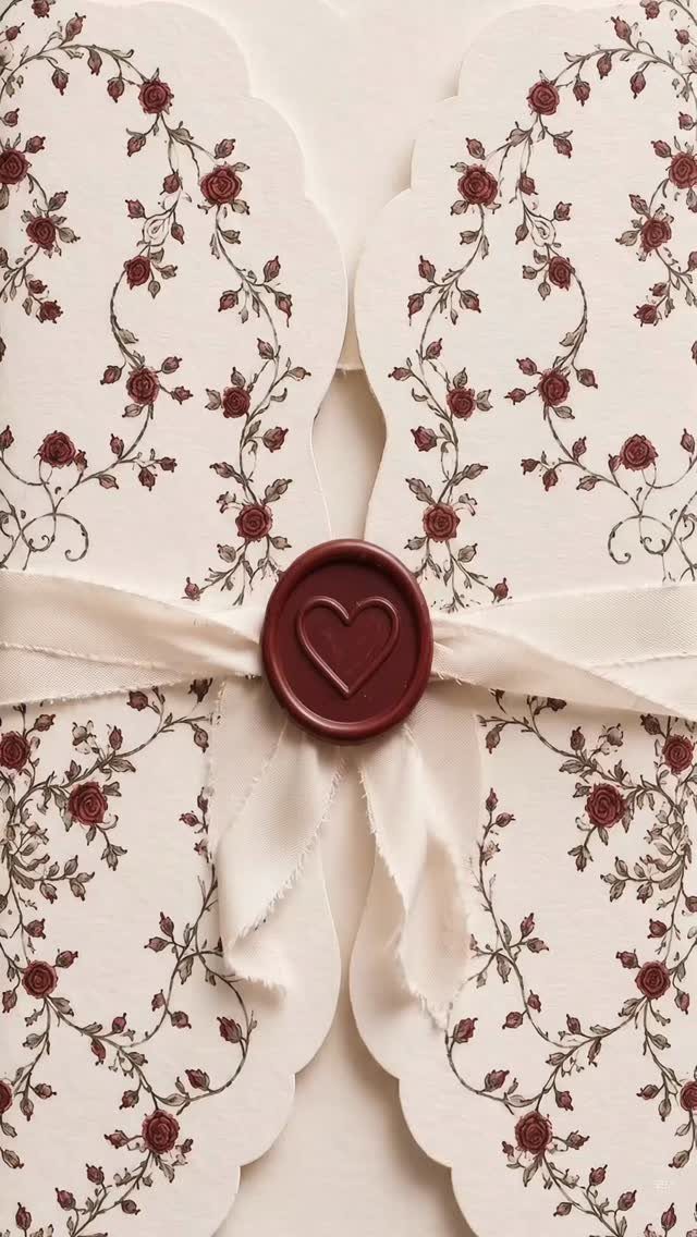 Cream invitation with red rose patterns tied with ribbon and heart wax seal