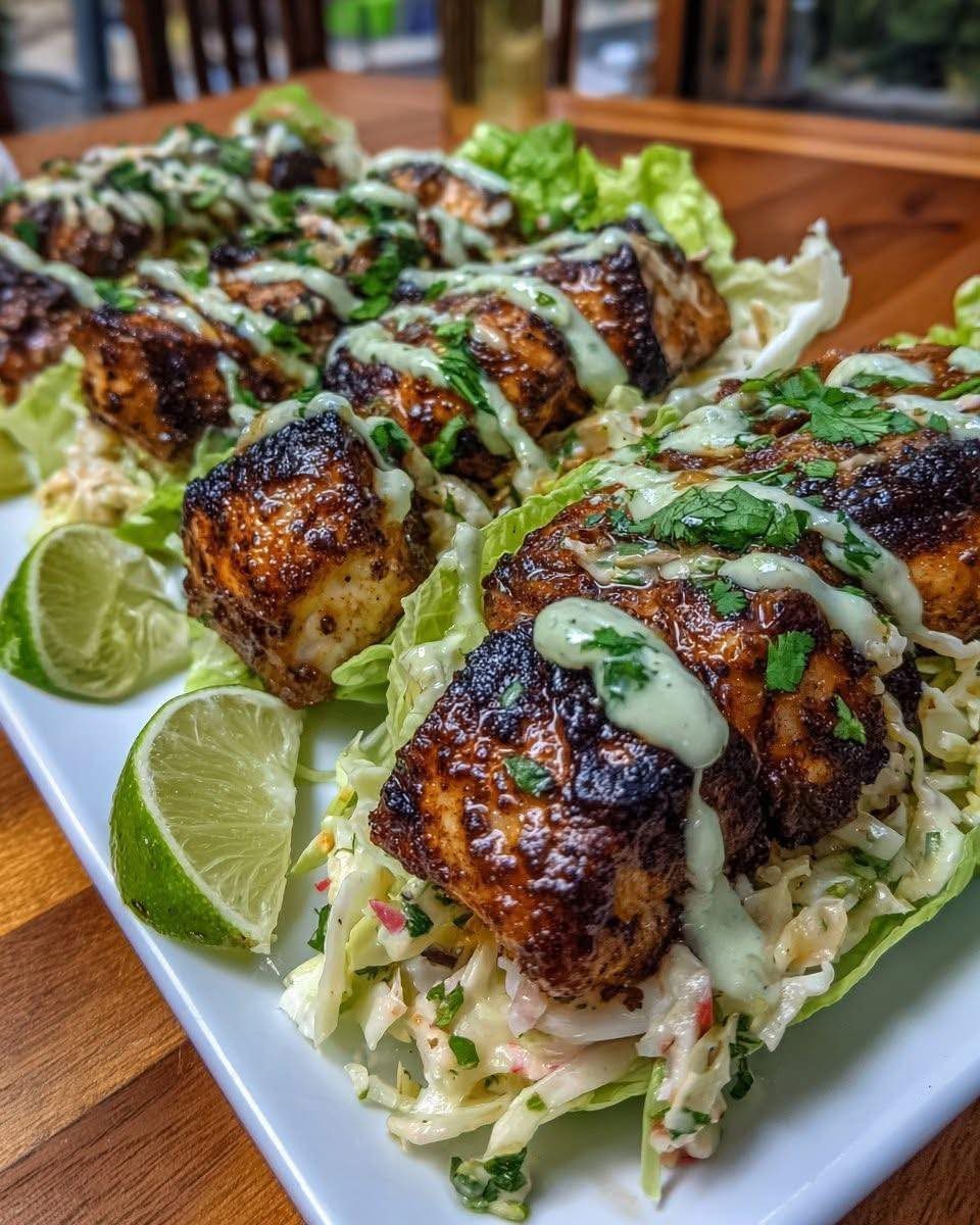 Blackened fish cubes with green sauce on cabbage slaw and lime wedges.