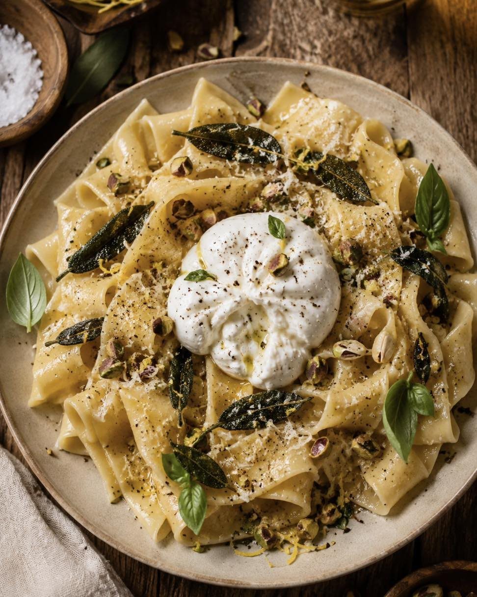 Wide ribbon pasta with burrata cheese, fried sage, and lemon zest on a plate.