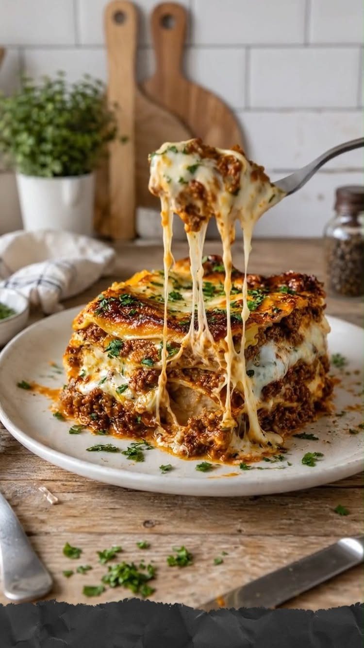 Layered lasagna with melted cheese pulls on a white plate over wooden table.
