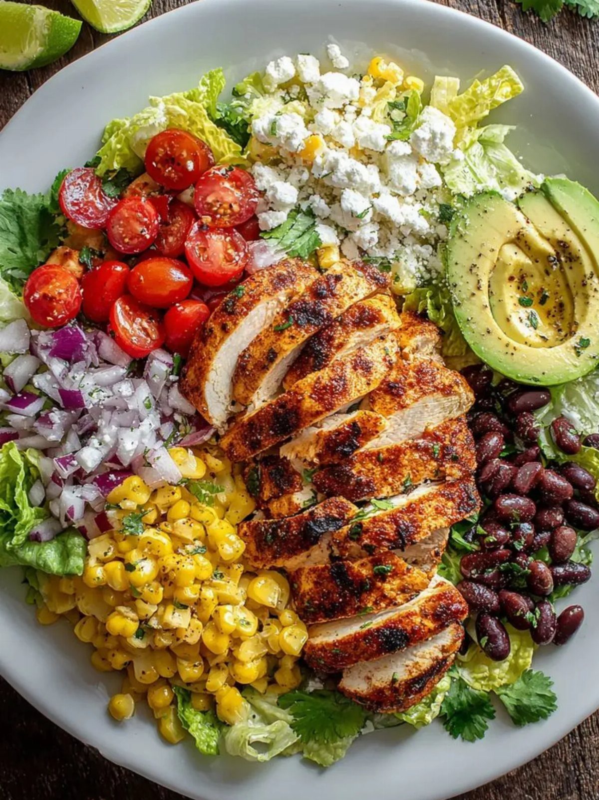 Grilled chicken breast slices on a colorful salad with corn, beans, and avocado.