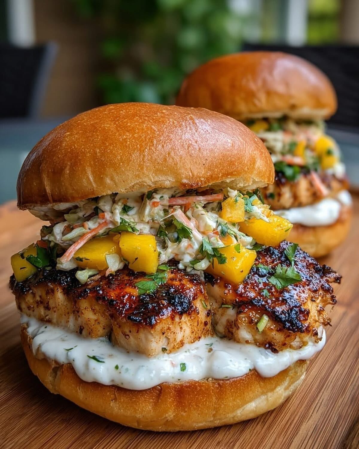 Grilled fish burgers with mango slaw and creamy sauce on toasted brioche buns.