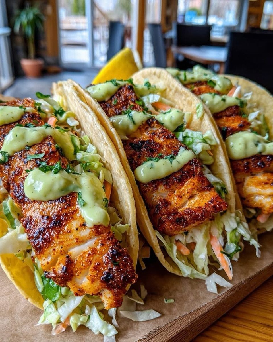 Three grilled fish tacos with cabbage slaw and green sauce on wooden board.