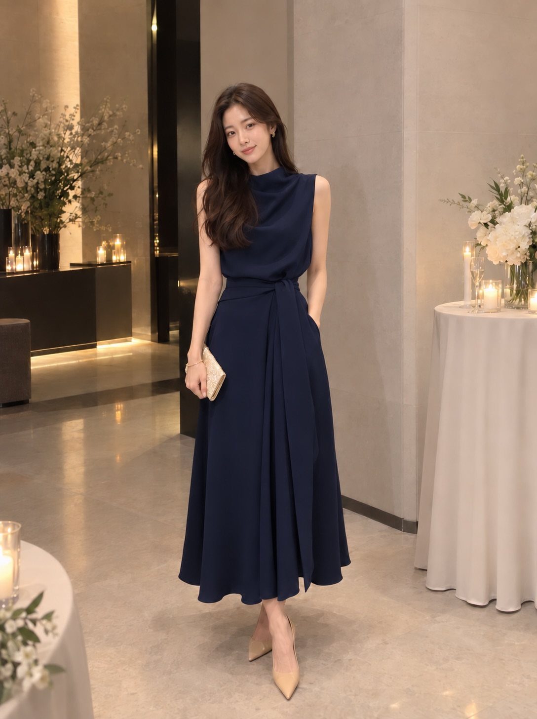 Woman in a navy blue formal dress and nude heels in an elegant room