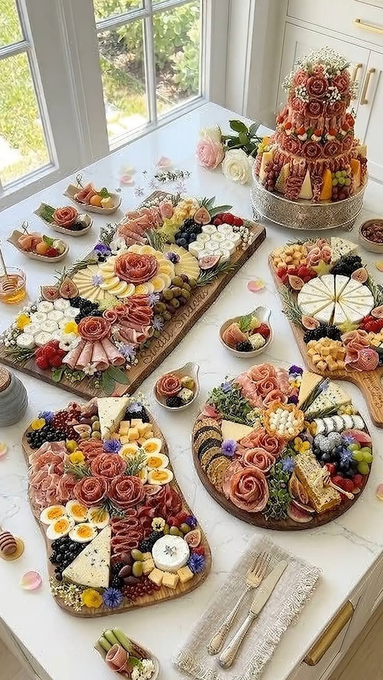 Elaborate charcuterie boards and a tiered meat tower on a white marble table.