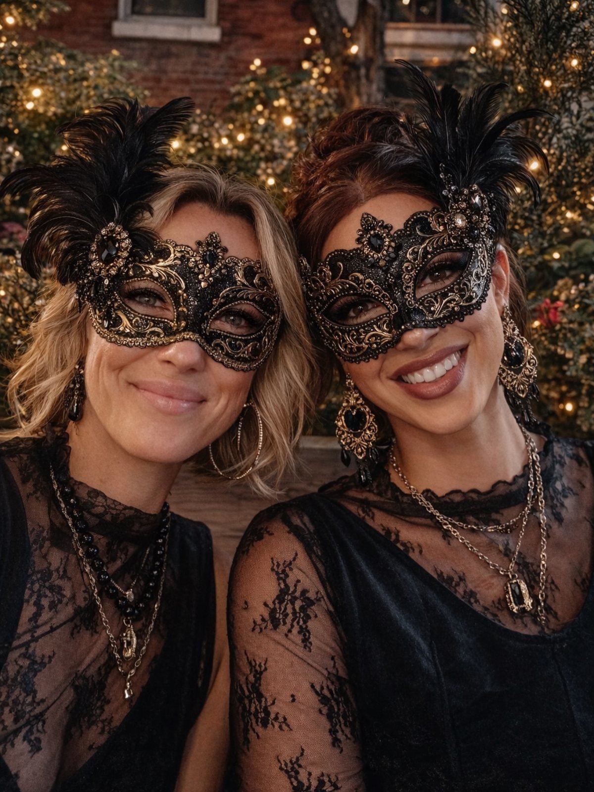 Two women wearing ornate black and gold masquerade masks and black lace dresses.