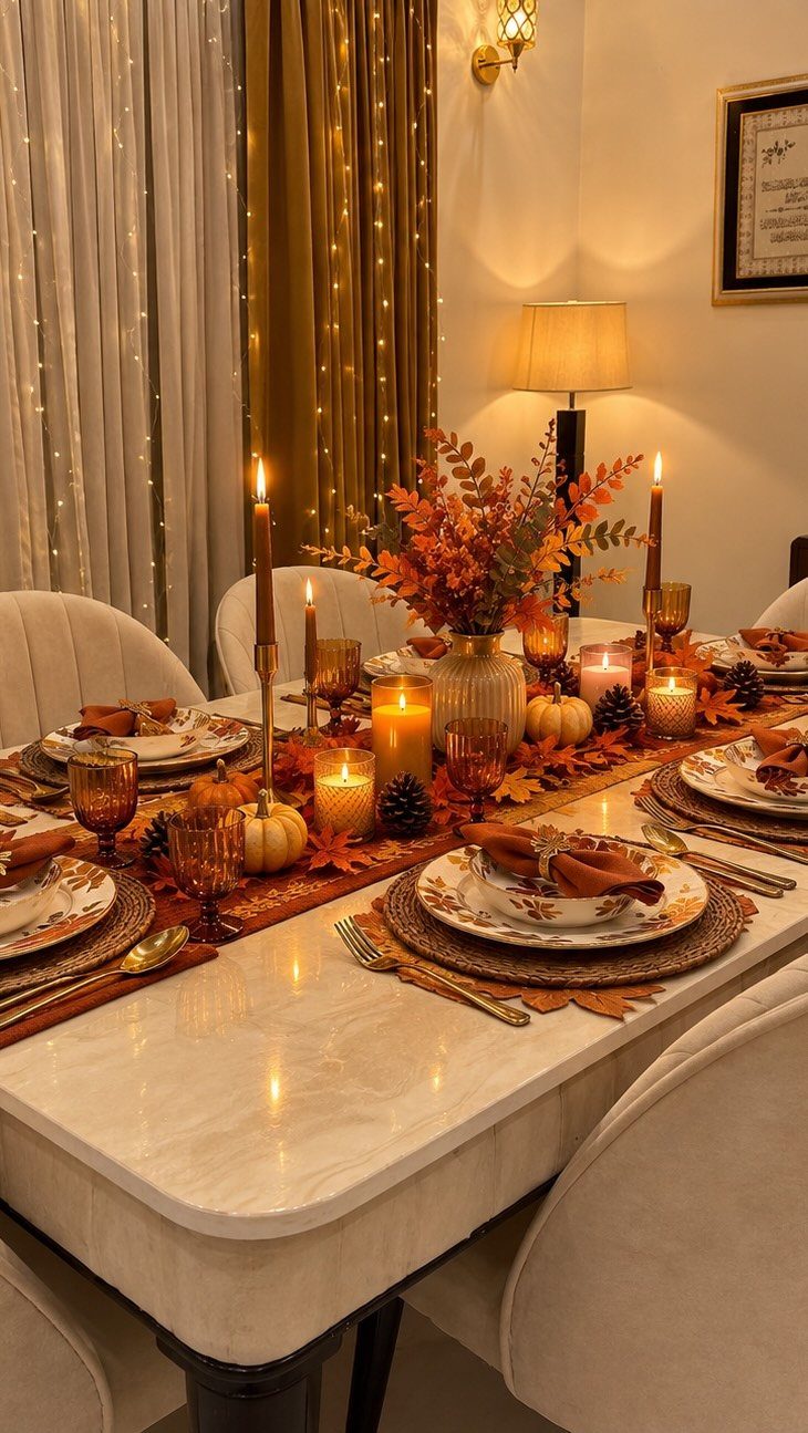 Autumn dinner table arrangement with orange foliage, lit candles, and pumpkins on marble.