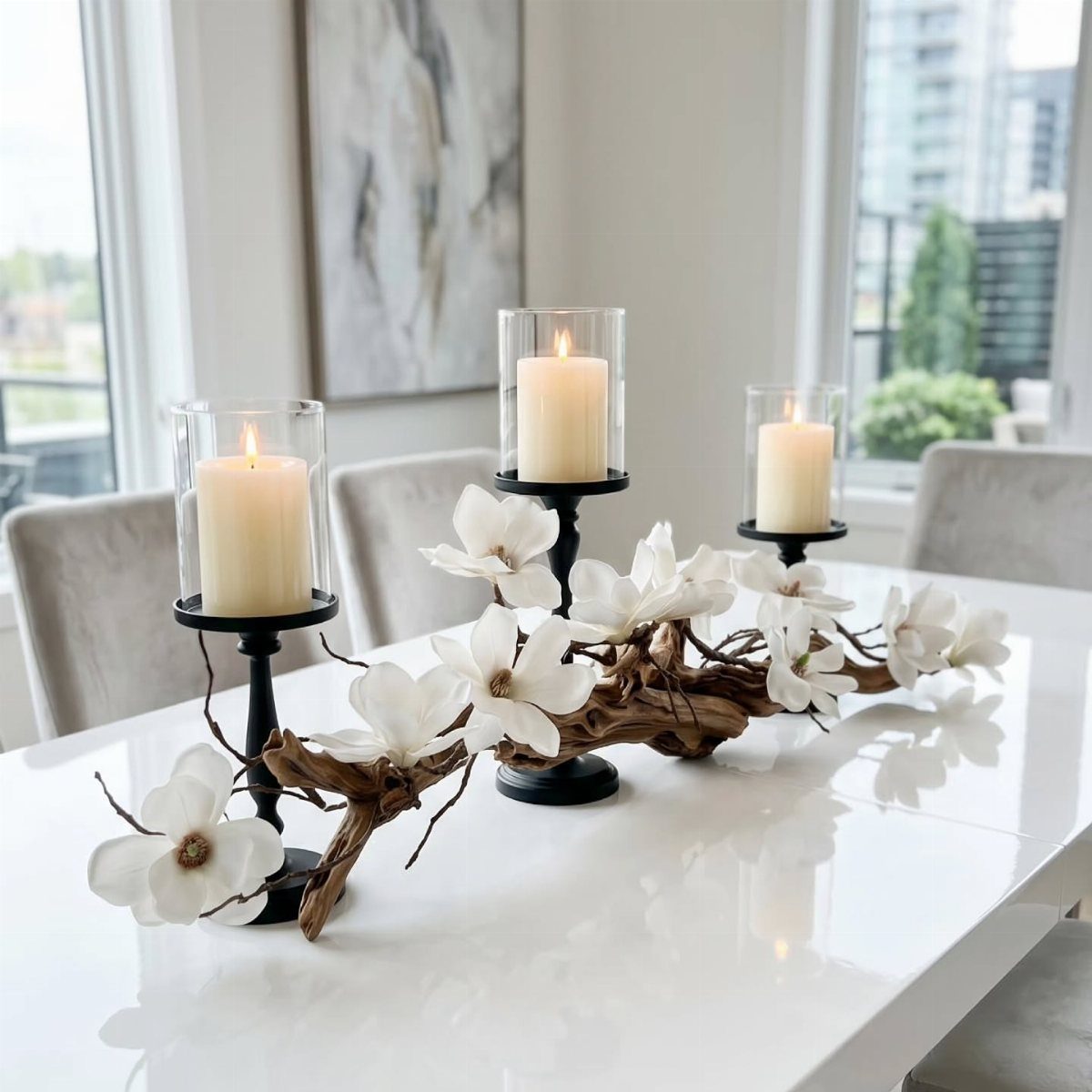 Three black candle holders with white candles and white magnolia blossoms on a table