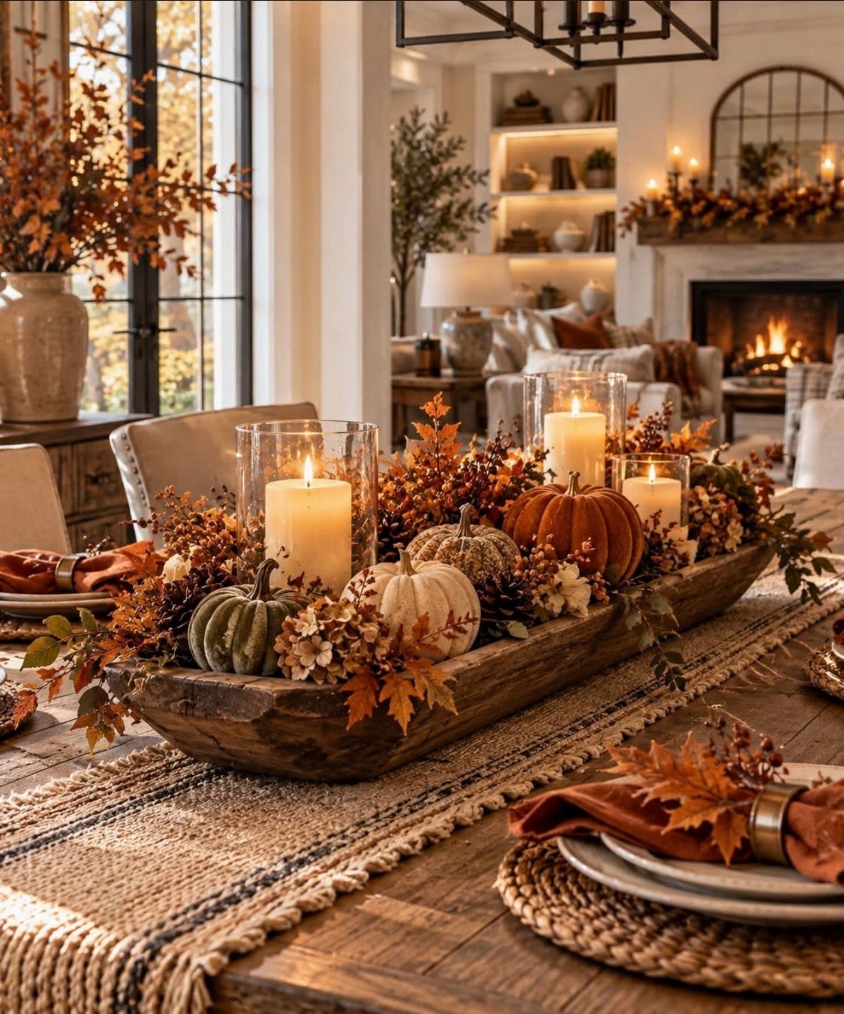 Rustic wooden bowl centerpiece with pumpkins, autumn leaves, and lit candles on table.