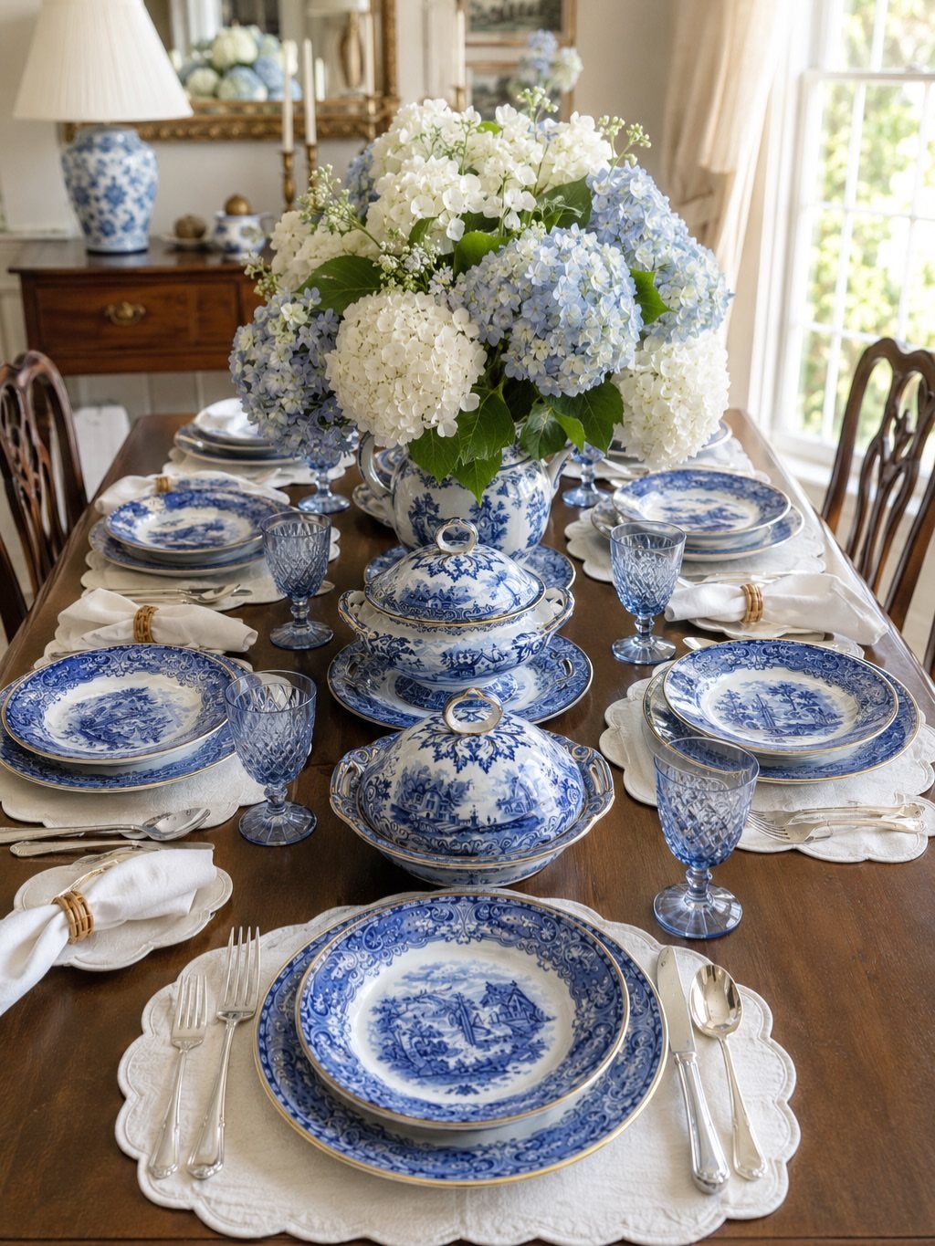 Blue and white porcelain dinnerware and serveware with a hydrangea centerpiece on wood table
