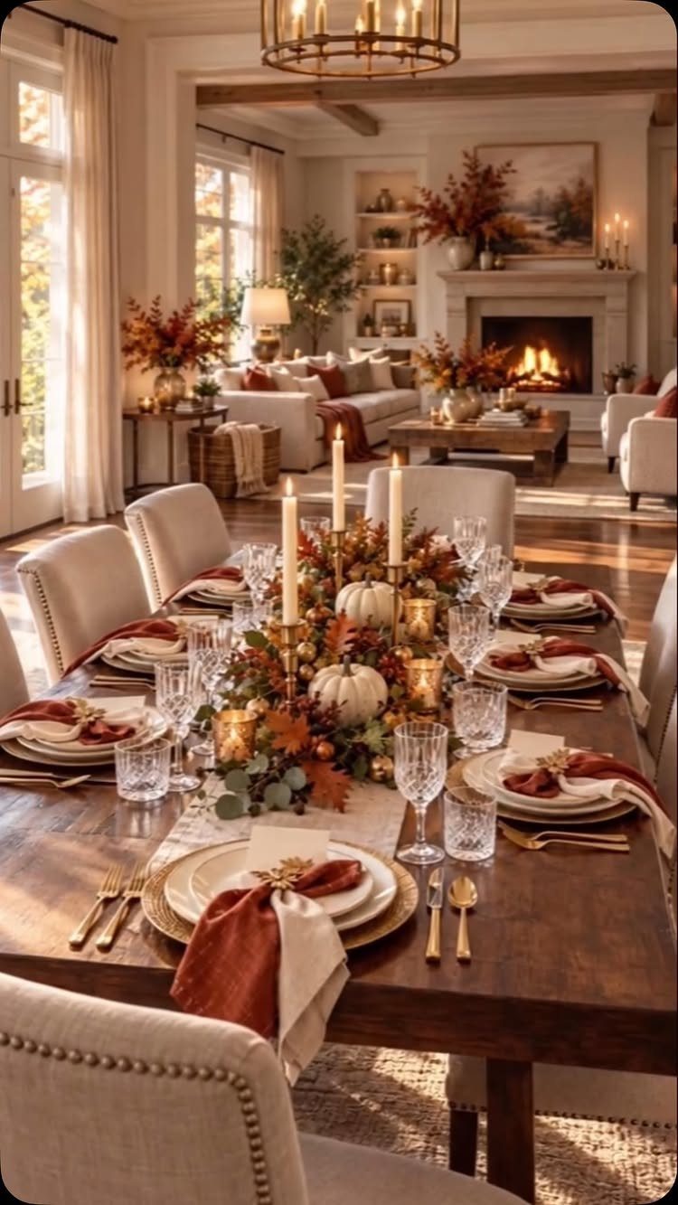 Autumnal dinner table setting with pumpkins, orange napkins, and gold cutlery in a cozy home.