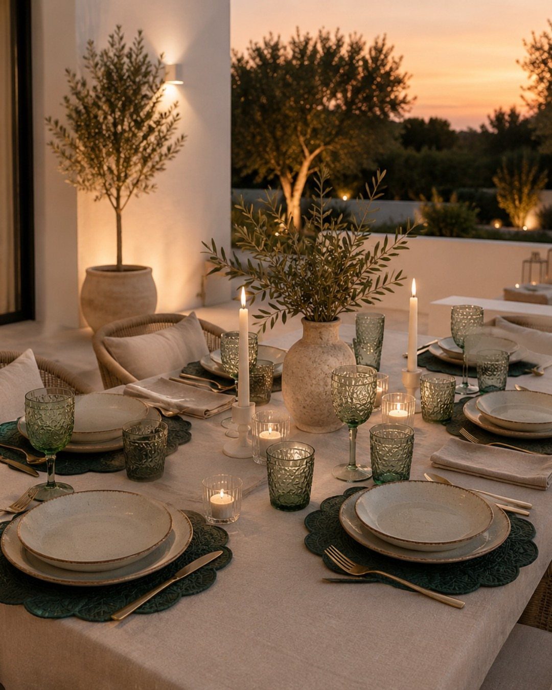 Outdoor dinner table setting with green glassware, white plates, and olive branch centerpiece.