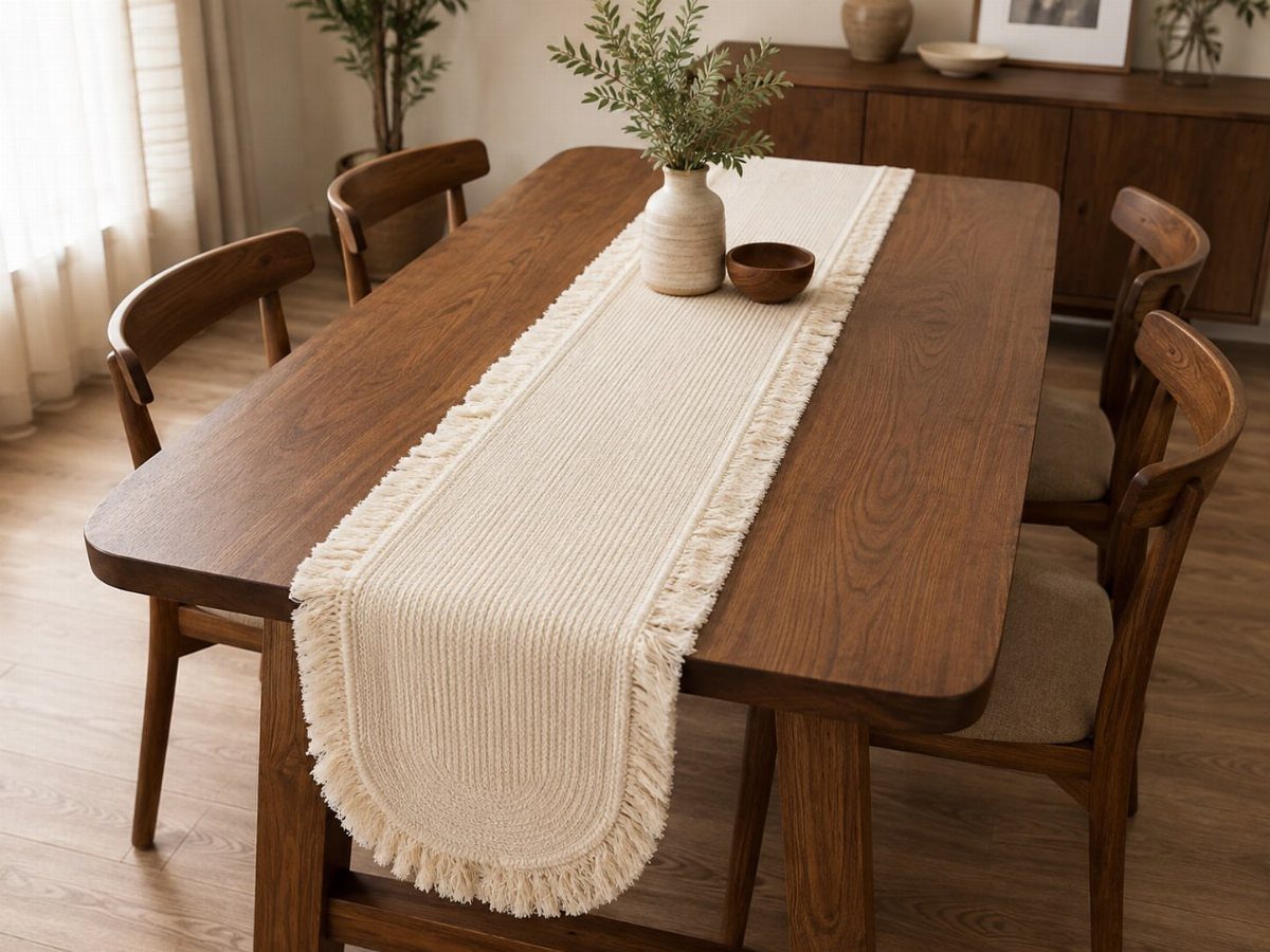 Cream ribbed table runner with fringe on a dark wood dining table