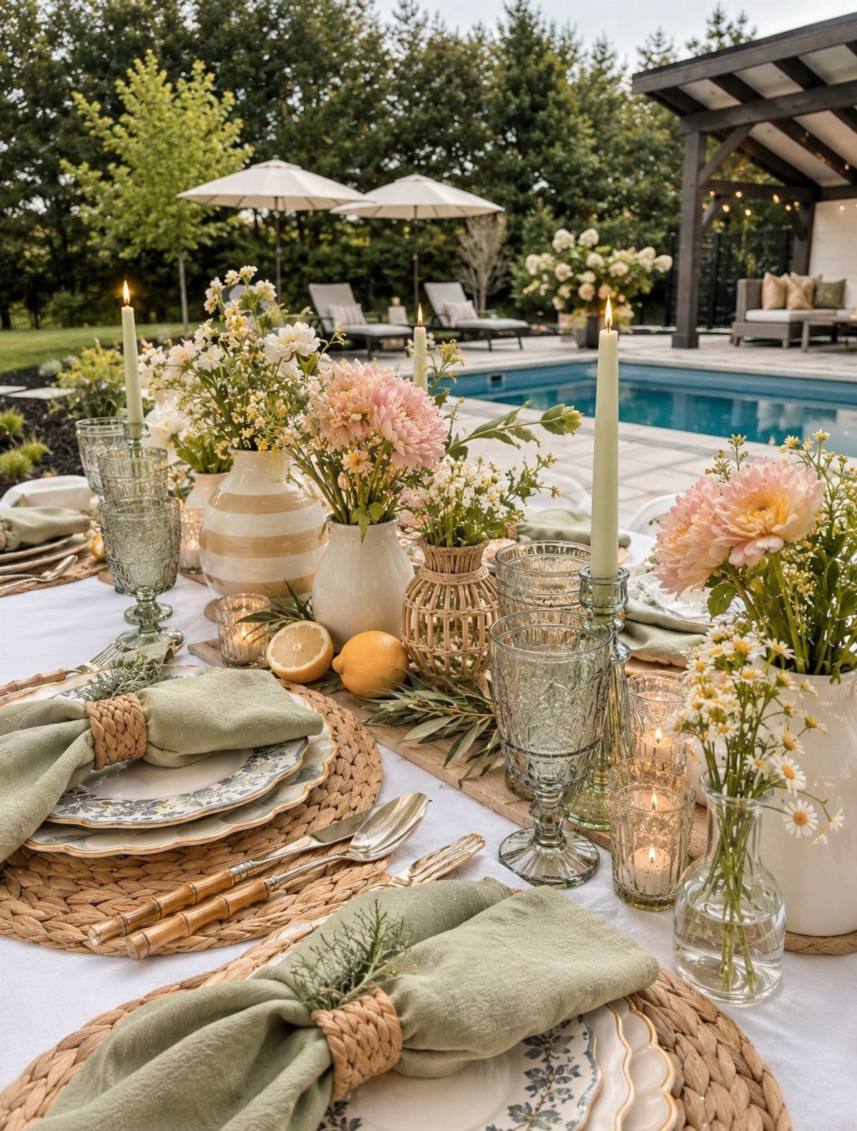 Outdoor dinner table setting with woven placemats, sage green linens, and floral centerpieces.