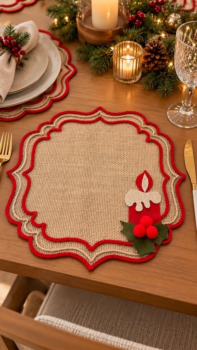 Burlap placemat with red scalloped edges and a felt candle decoration on a table.