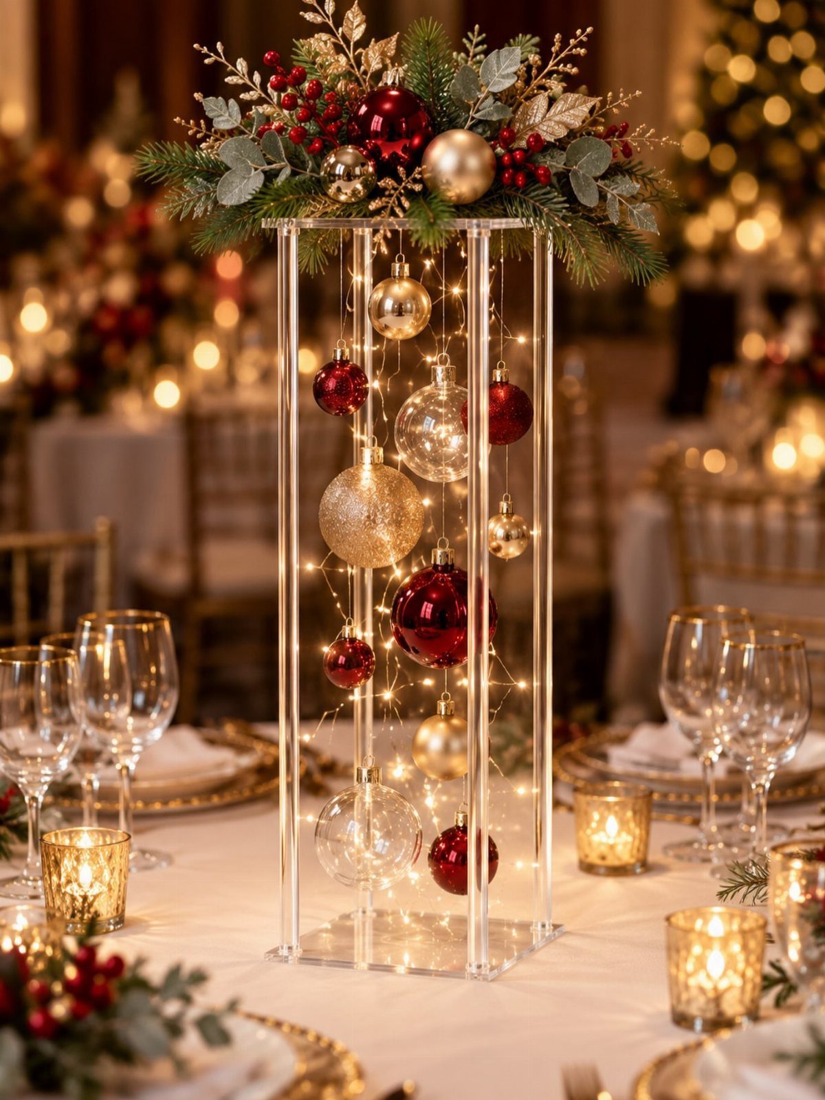 Acrylic pillar centerpiece with hanging Christmas ornaments and greenery on a festive table.